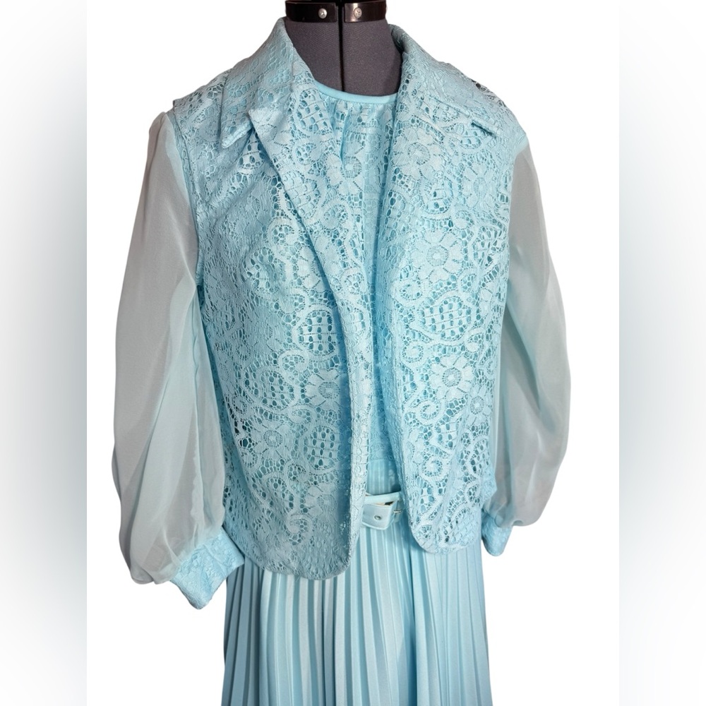 Adorable baby blue vintage lace dress with pleated skirt and lace vest